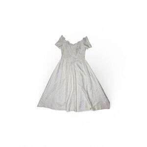 70s 80s Vintage Bedford Fair Dress Full Skirt Drop Waist Floral Ivory Wedding